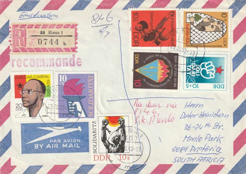 Germany DDR Cover Einschreiben Registered - 1978 1979 1980 - Cabral Solidarity Housing Youth Haptst