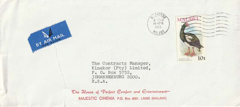 Malawi Cover - 1975 - Birds Spurwing Goose Blantyre Majestic Cinema