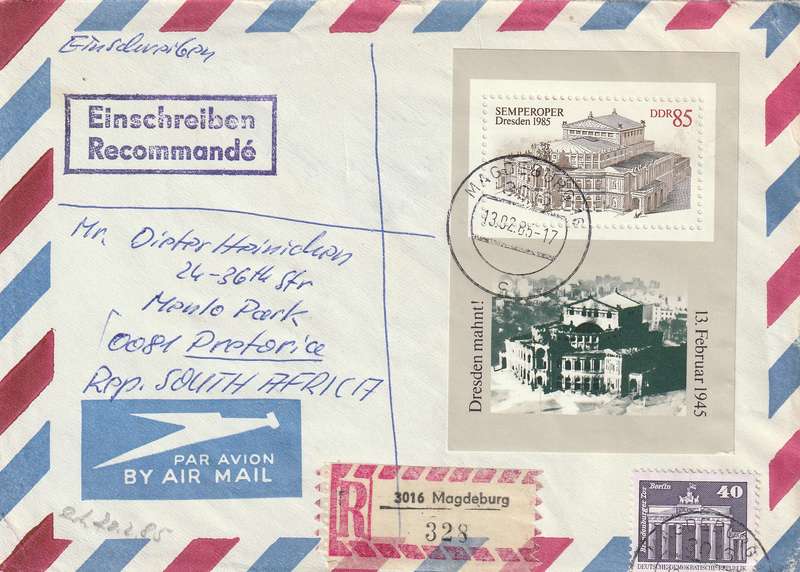 Germany DDR Cover Einschreiben Registered - 1985 - Dresden Opera HouseBrandenburg Gate Tor