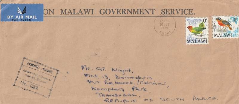 Malawi Cover Official Government Service - 1968 (1970) - Birds Nyasa Lovebird White-browed robin-ch