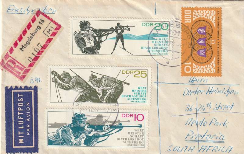 Germany DDR Cover Einschreiben Registered - 1967 - Bicycle Peace Race Kollwitz Curie World Biathlon
