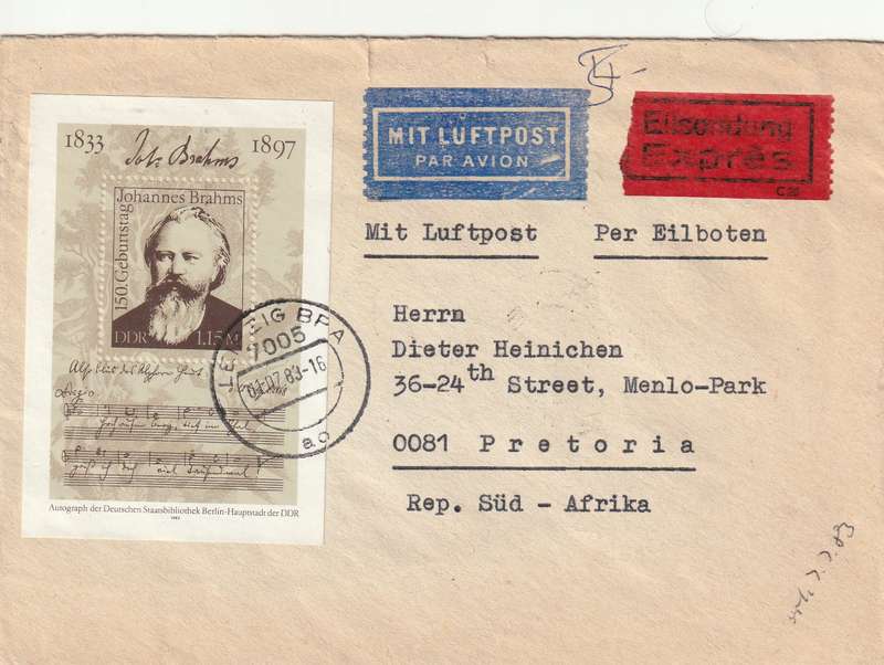 Germany DDR Cover Eilsendung - 1983 - Johannes Brahms Composer