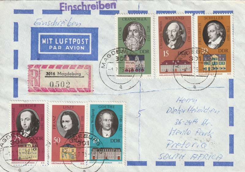Germany DDR Cover Einschreiben Registered - 1973 1972 - Famous men and their homes in Weimar Childr