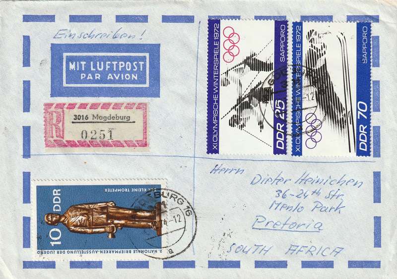 Germany DDR Cover Einschreiben Registered - 1970 1972 Winter Olympics Sapporo Trumpeter Youth Stamp