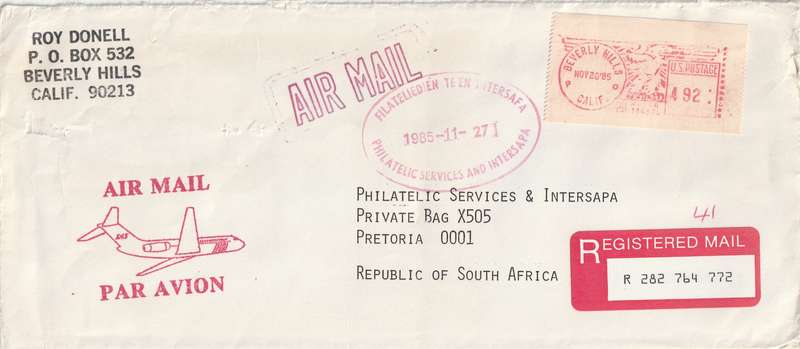 United States USA Registered Cover - 1985 - ATM Label FRAMA Beverly Hills
