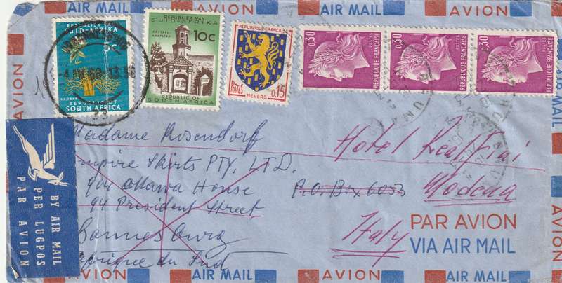 France Cover to South Africa to Italy - 1961 1967 - Marianne Cheffer Coat of Arms COA Nevers Modena
