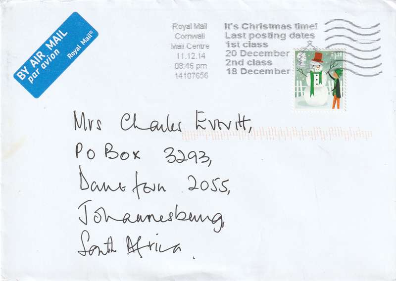 Great Britain Cover - 2014 - Christmas Snowman Slogan Last Posting Dates