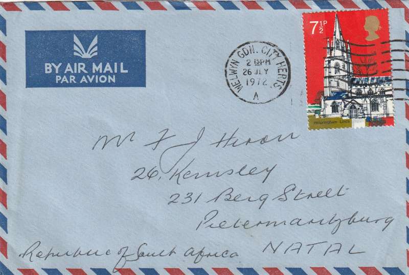 Great Britain Cover - 1972 - Old Village Churches St. Andrews Helpringham WELWYN GDN CITY HERTZ