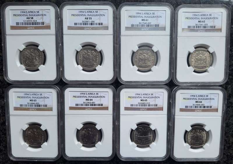 NGC Graded - 1994 Presidential Inauguration R5.00 set - AU55, AU58, MS61 to MS66 (8 coins - 1 BID)