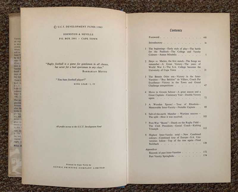 The Varsity Spirit, The Story of Rugby Football at UCT, 1883-1963 - L. Babrow & R.K. Stent