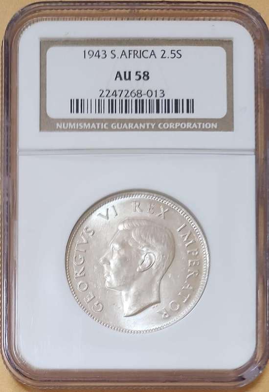 1943 Two and a Half Shillings (2.5s) AU58