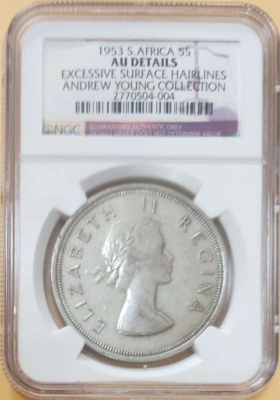 1953 5 shilling AU Details ~ Metal Flaw, Springbok, back leg & horn