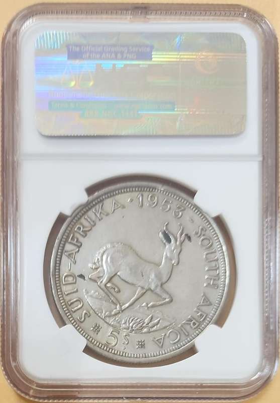 1953 5 shilling AU Details ~ Metal Flaw, Springbok, back leg & horn