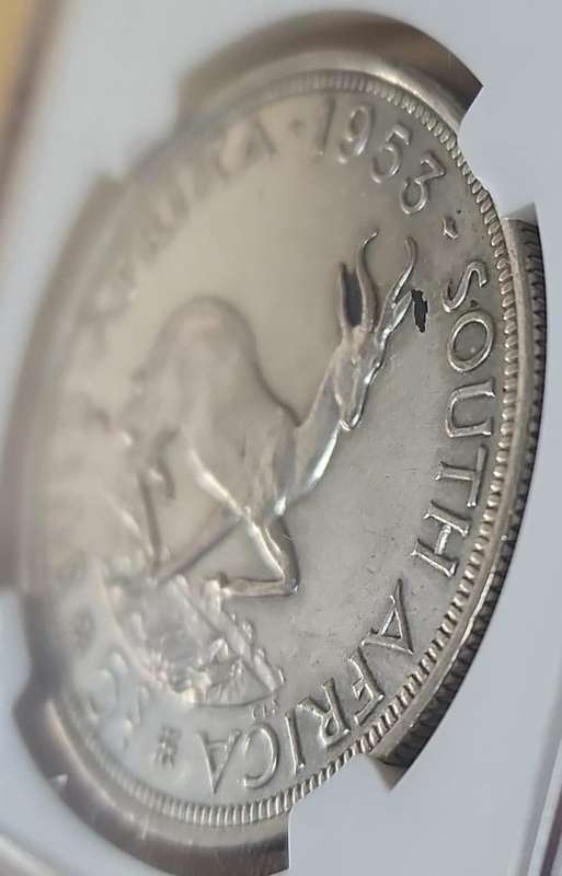 1953 5 shilling AU Details ~ Metal Flaw, Springbok, back leg & horn