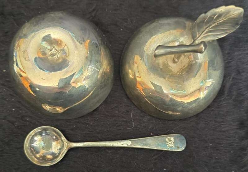 Vintage Silver Coloured Metal Apple Shaped Trinket Pot & Liner, with EPNS silver spoon