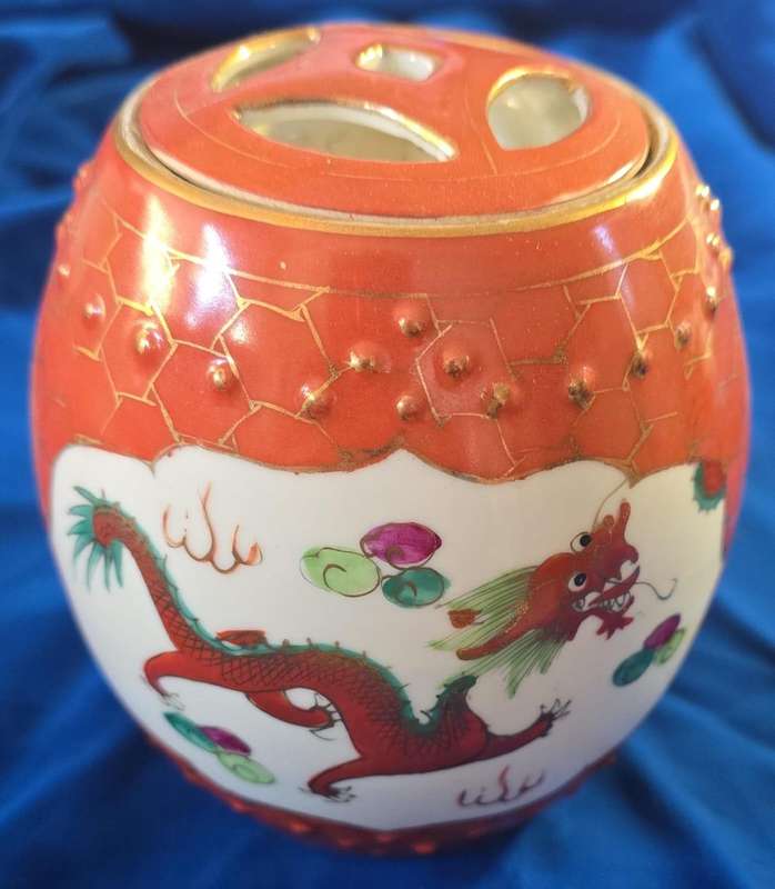 Vintage- Chinese Orange - Red Dragon and Phoenix Designed Ginger Jar