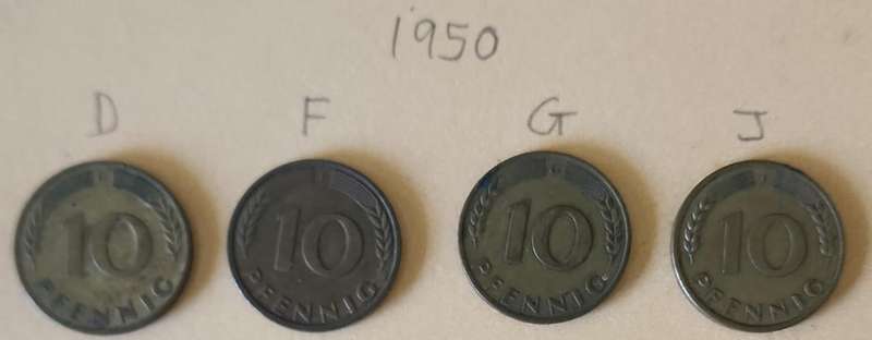 1950 D, F, G & J German 10 PFENNIG