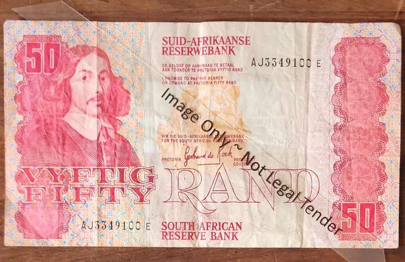 R50 DE kOCK last ISSUE 1984 ~ Fifty Rand ~ Prefix ends at 100 ~ AJ3349100