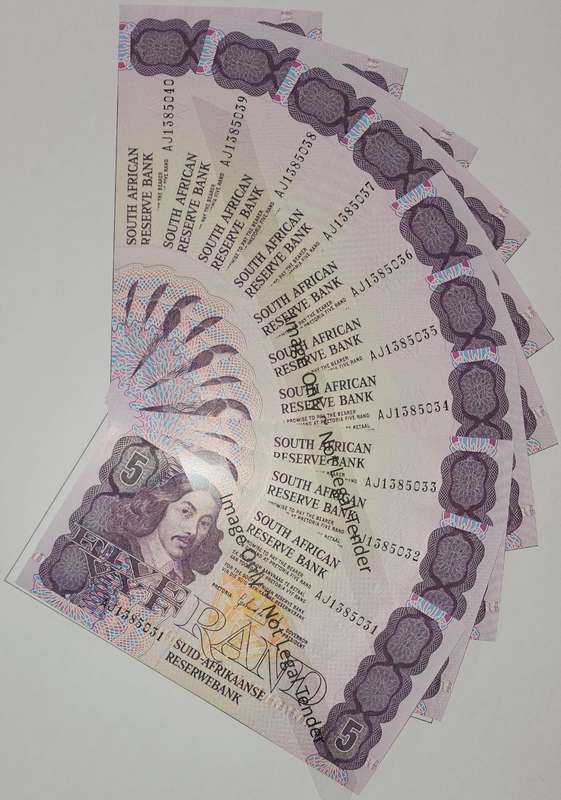 1989 De Kock 3rd issue R5(Five Rand) AJ1385031 to 1385040 ~ Crisp uncirculated ~ consecutive #