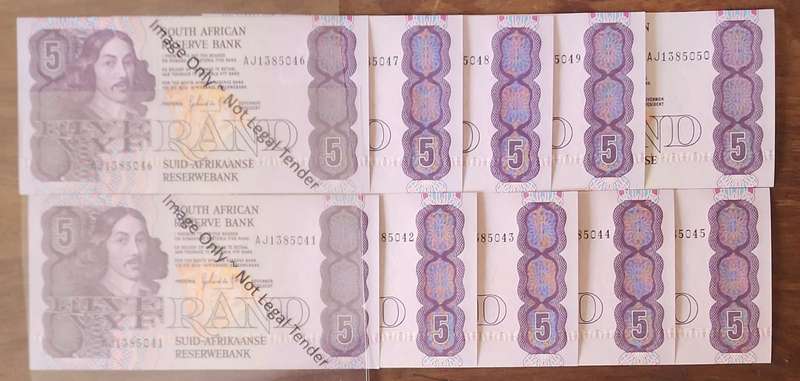1989 De Kock 3rd issue R5(Five Rand) AJ1385041 to 1385050 ~ Crisp uncirculated ~ consecutive #