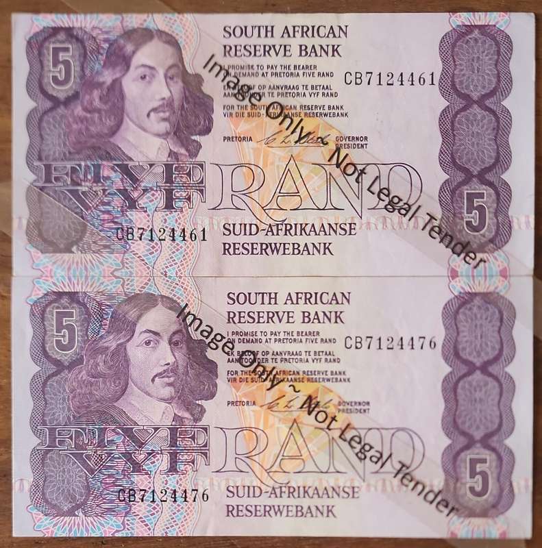 R5 Stals 1st & last ISSUE 1990 ~ FIVE Rand ~ CB7124461 & CB7124461