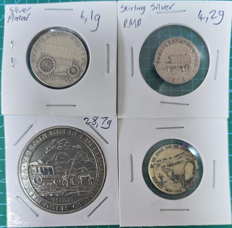 Voortrekker Eeufees 1838-1938 ~ Ossewa Medals ~ 925 Silver (J.J. PAGE) ~ 4 Items - Memorabilia