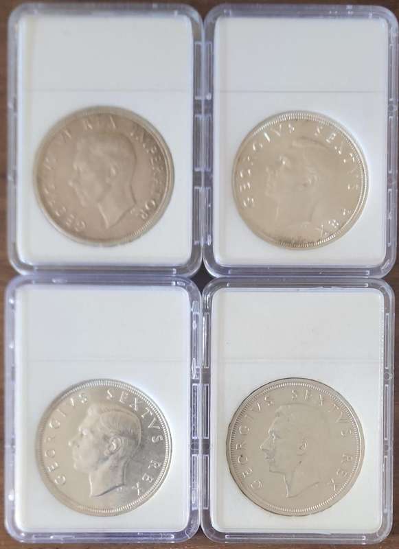 1947, 1948, 1949 & 1950 Crowns (five Shillings) au condition ~ each in protective holder