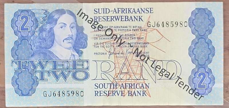 1989 De Kock 3rdt issue R2(Two Rand) GJ6485980 ~ Crisp, no fold