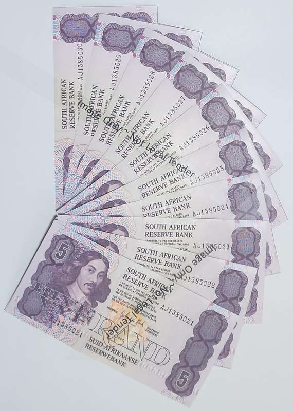 1989 De Kock 3rd issue R5(Five Rand) AJ1385021 to 1385030 ~ Crisp uncirculated ~ consecutive #