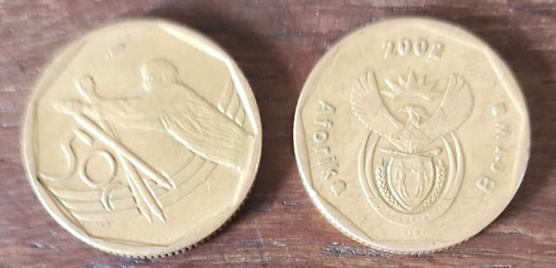 2002 RSA 50c Cricket - Borwa & Arorika "a"s filled ( BID PER COIN)
