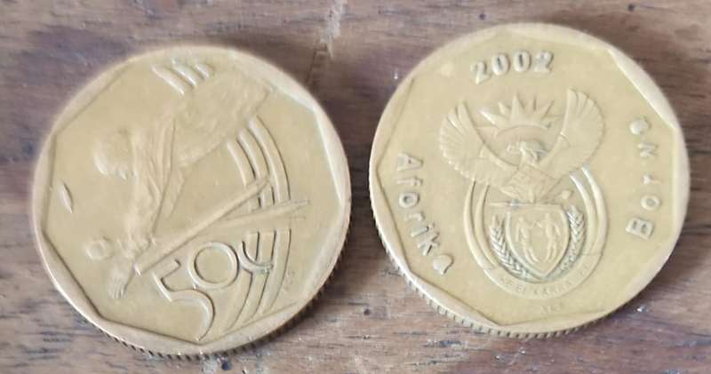 2002 RSA 50c Cricket - Borwa & Arorika "a"s filled ( BID PER COIN)