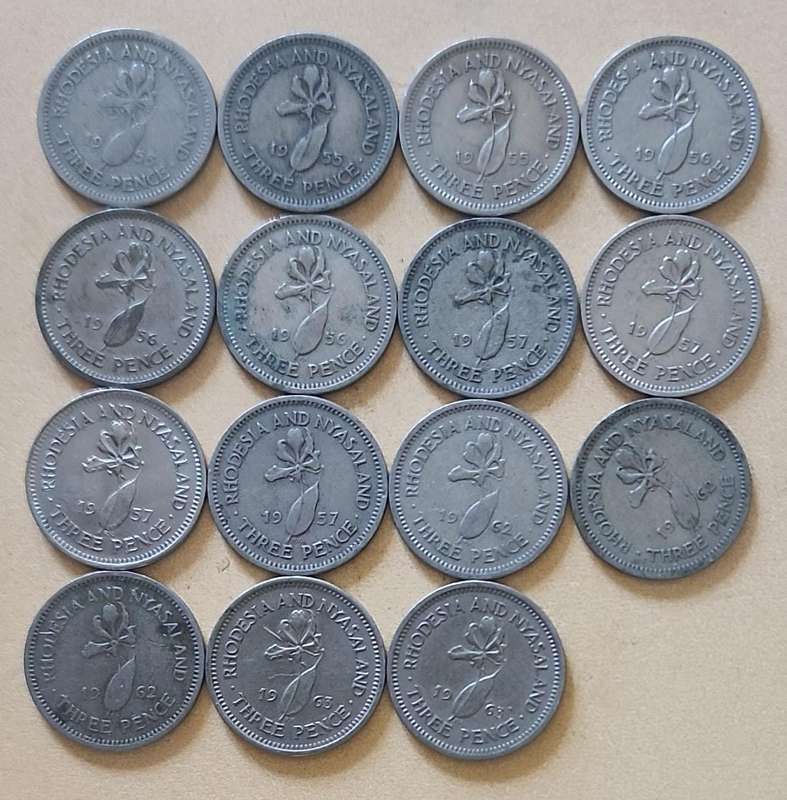 Rhodesia and Nyasaland 3 Pence ~ Fifteen Coins ~ Bid per Coin