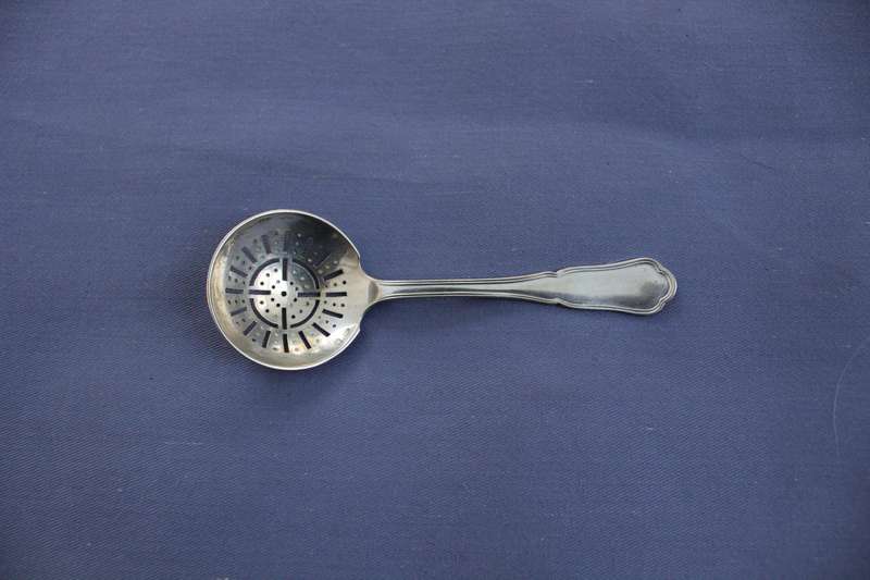 Silver 'sugar shaker' spoon unusual assay marks (French?)