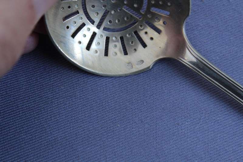 Silver 'sugar shaker' spoon unusual assay marks (French?)