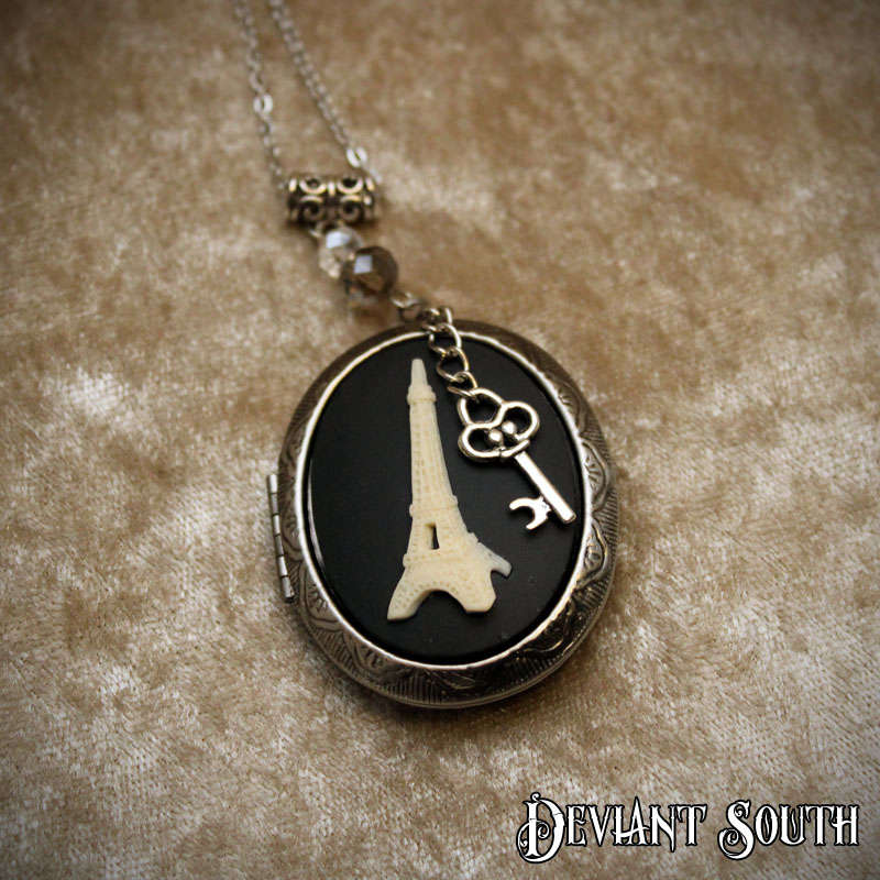Deviant South Eiffel Tower Cameo Locket, Silver 1.8mm Stainless Steel Chain