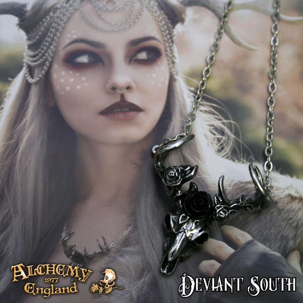 Alchemy Gothic P807 White Hart, Black Rose -- rose garland pewter stag skull necklace