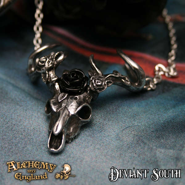 Alchemy Gothic P807 White Hart, Black Rose -- rose garland pewter stag skull necklace