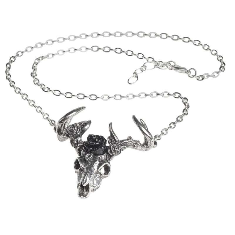Alchemy Gothic P807 White Hart, Black Rose -- rose garland pewter stag skull necklace