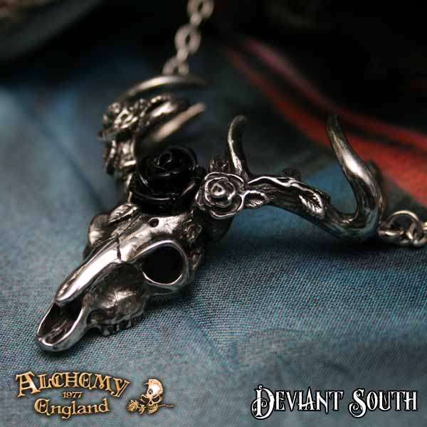 Alchemy Gothic P807 White Hart, Black Rose -- rose garland pewter stag skull necklace