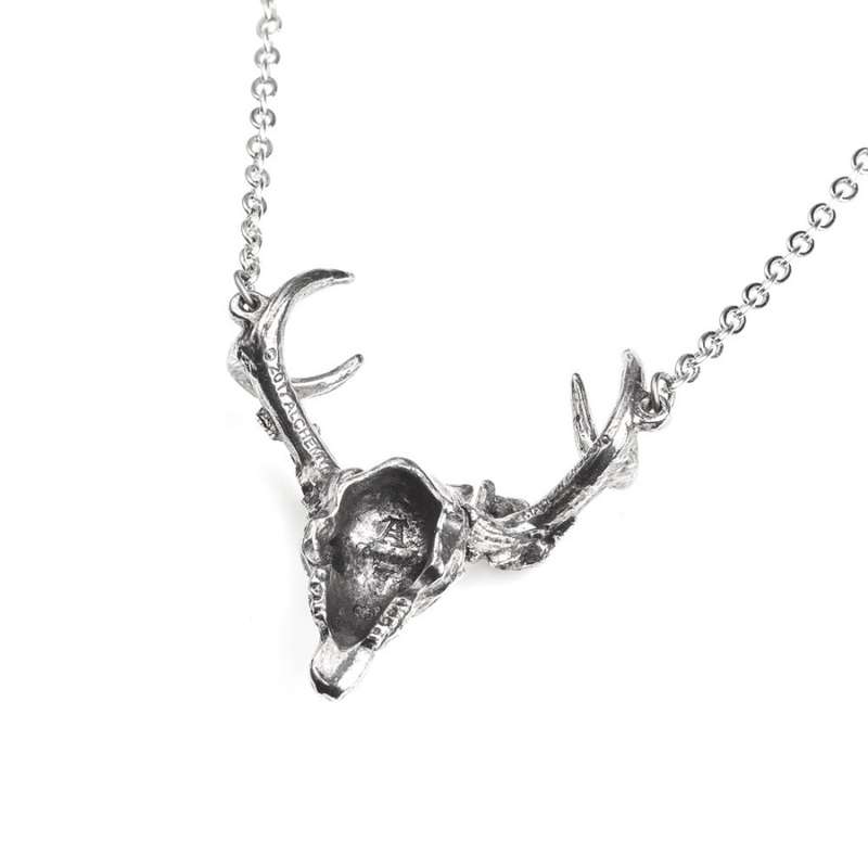 Alchemy Gothic P807 White Hart, Black Rose -- rose garland pewter stag skull necklace