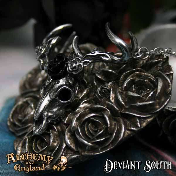 Alchemy Gothic P807 White Hart, Black Rose -- rose garland pewter stag skull necklace