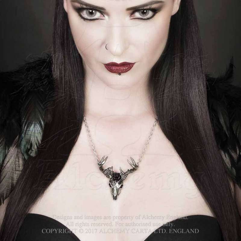 Alchemy Gothic P807 White Hart, Black Rose -- rose garland pewter stag skull necklace