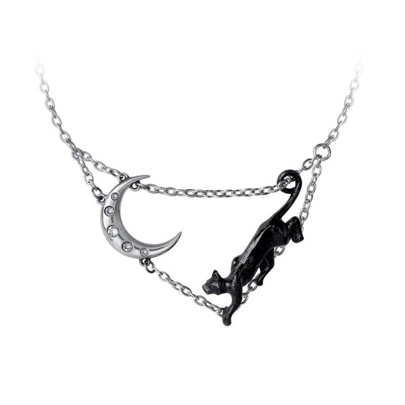 Alchemy Gothic P879 Minnaloushe -- black cat crescent moon Swarovski pewter necklace