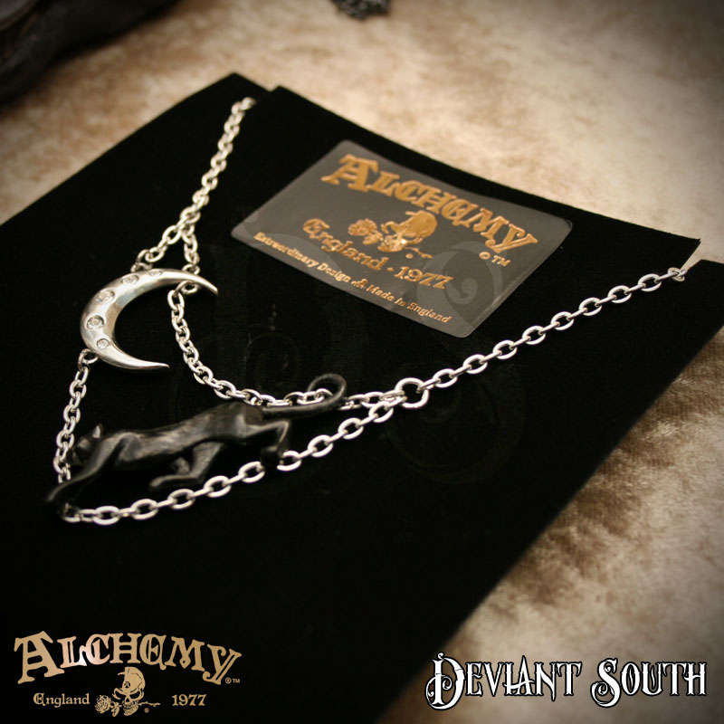 Alchemy Gothic P879 Minnaloushe -- black cat crescent moon Swarovski pewter necklace