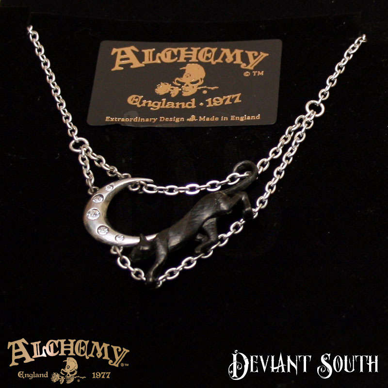 Alchemy Gothic P879 Minnaloushe -- black cat crescent moon Swarovski pewter necklace