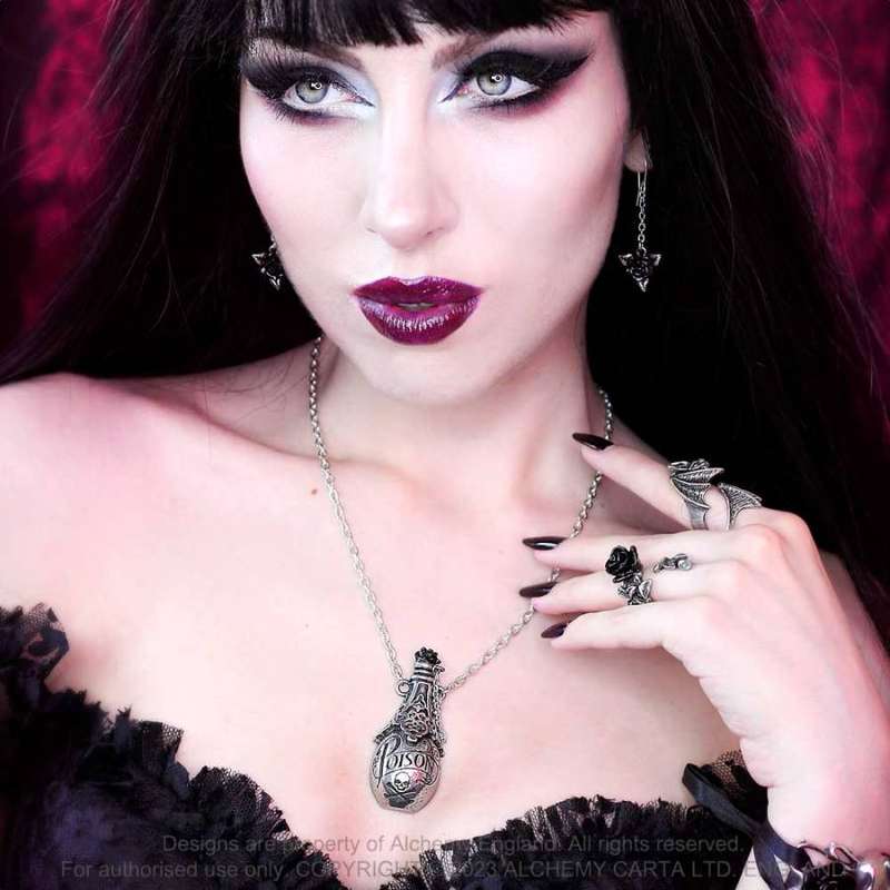 Alchemy Gothic P940 Lucrezia's Fix -- poison black rose pewter necklace