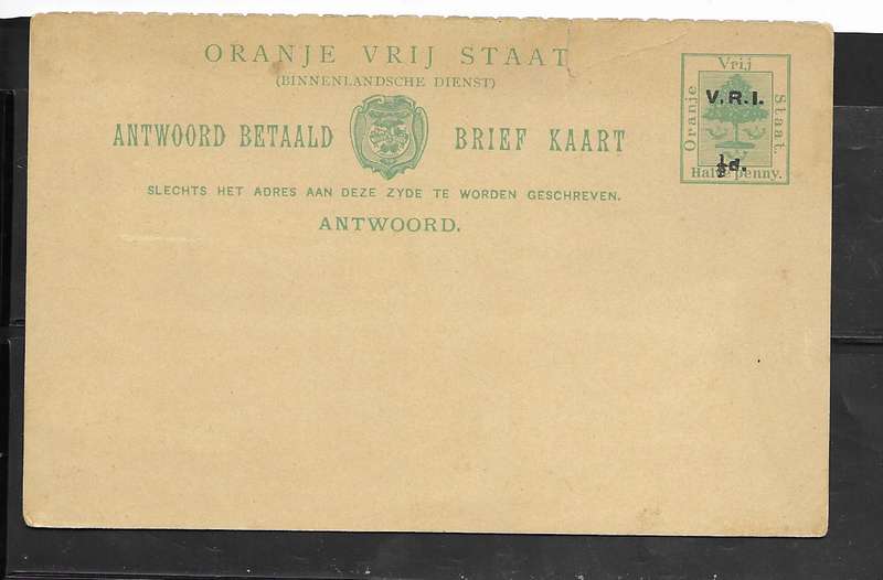 Orange Free State - 1900 - VRI 1/2d P/Card - Antwoord Betaald - Mint - Error with 1/2d Overprint