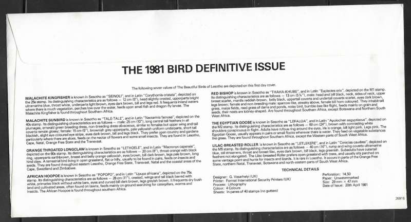 Lesotho 1981 - Birds Definitive - FDC