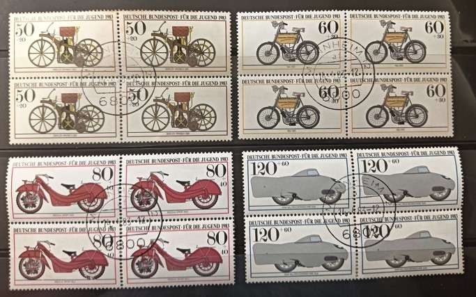 West Germany 1983 Youth Hostel - Historical Motorcycles - Full Set in Blocks of 4 - CTO