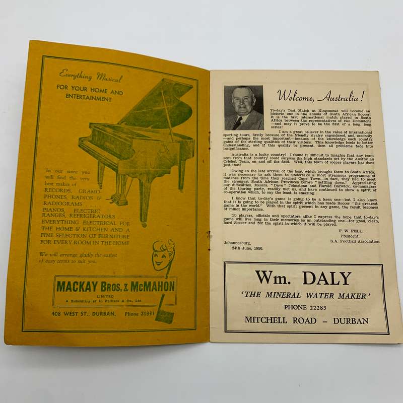 Soccer  1950 Test 'Australia vs South Africa' Official Programme (Durban)